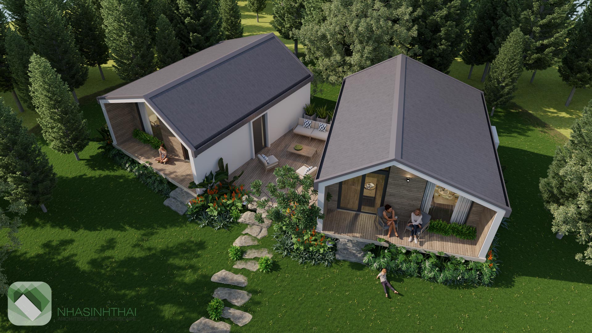 Phối cảnh ban ngày từ trên cao của nhà sinh thái trong khu sinh thái nghỉ dưỡng