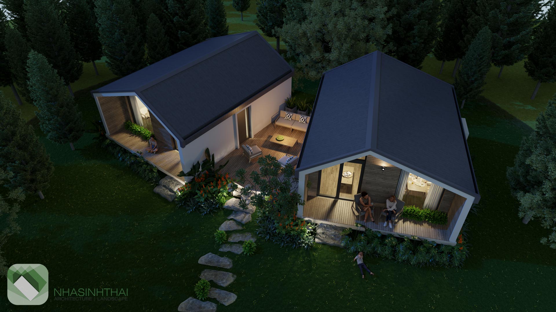 Phối cảnh buổi tối từ trên cao của nhà sinh thái trong khu sinh thái nghỉ dưỡng
