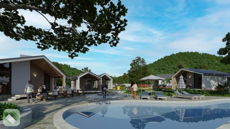 Bể bơi và sân sinh hoạt chung trong khu sinh thái nghỉ dưỡng