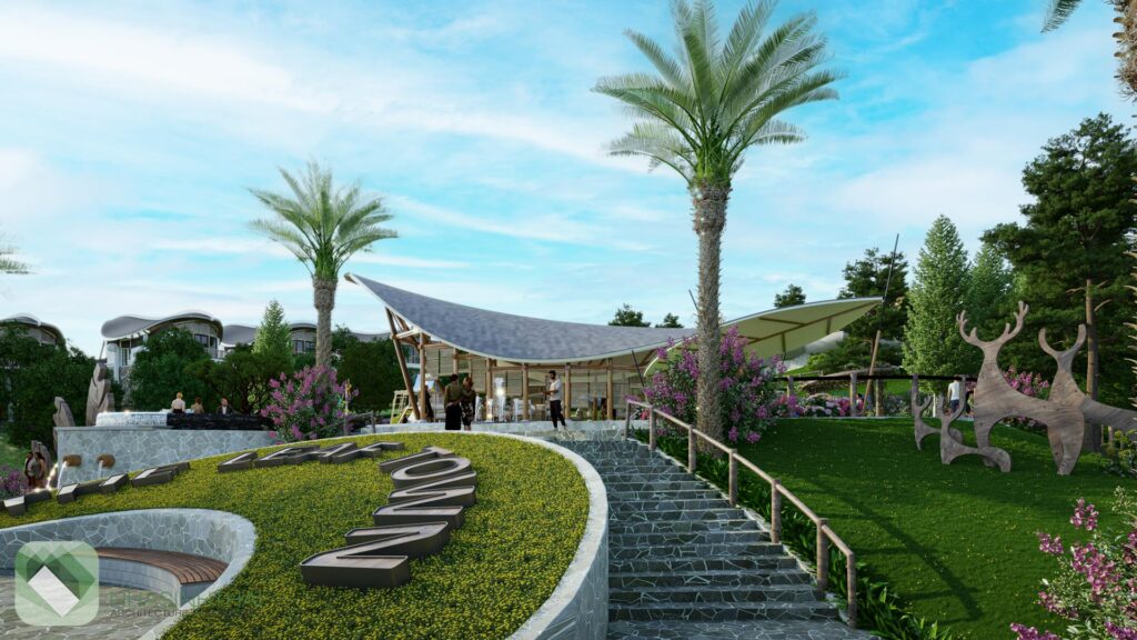 Điểm nhấn cảnh quan gia đình huơu trong khu công viên sinh thái