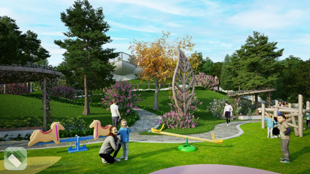 Phối cảnh điểm nhấn cảnh quan sân chơi trong khu công viên sinh thái