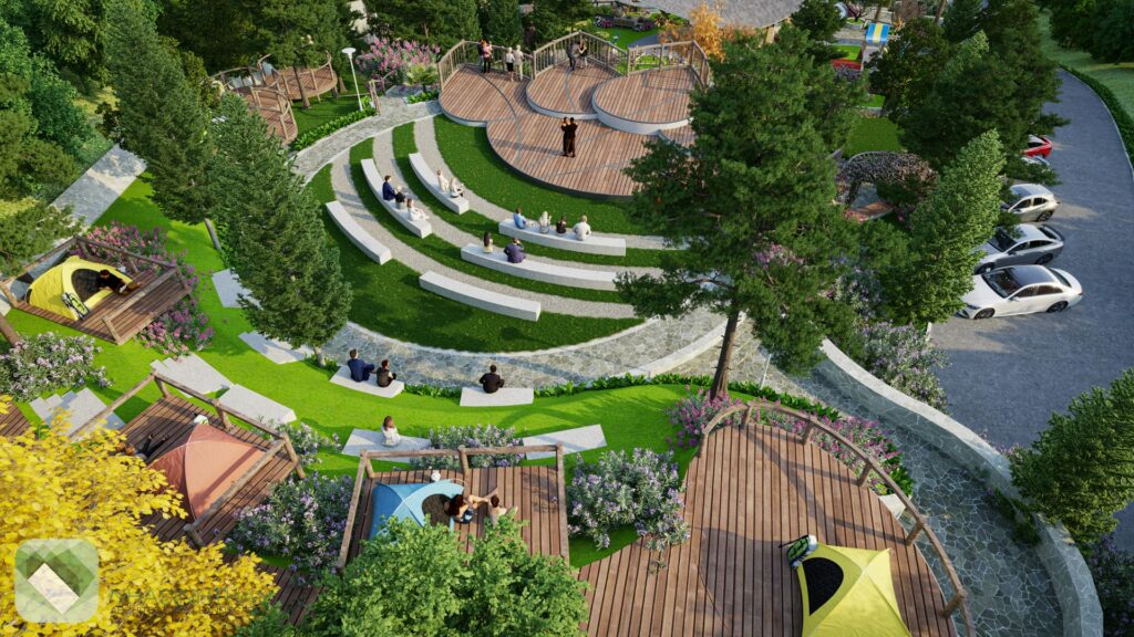 Phối cảnh khu camping và sân khấu trong khu công viên sinh thái