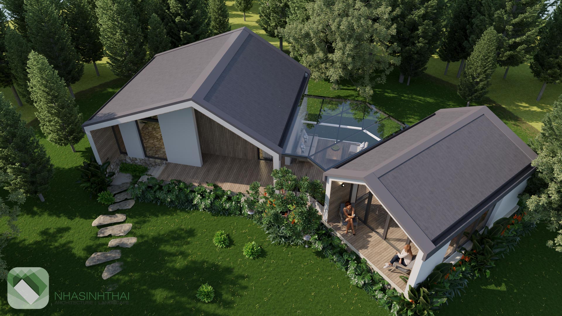 Phối cảnh từ trên cao của nhà cộng đồng trong khu sinh thái nghỉ dưỡng